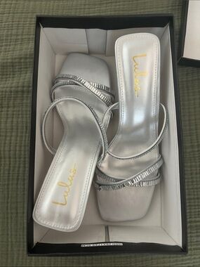 Lulu's Metallic Silver Strappy Square-Toe Slide Heels